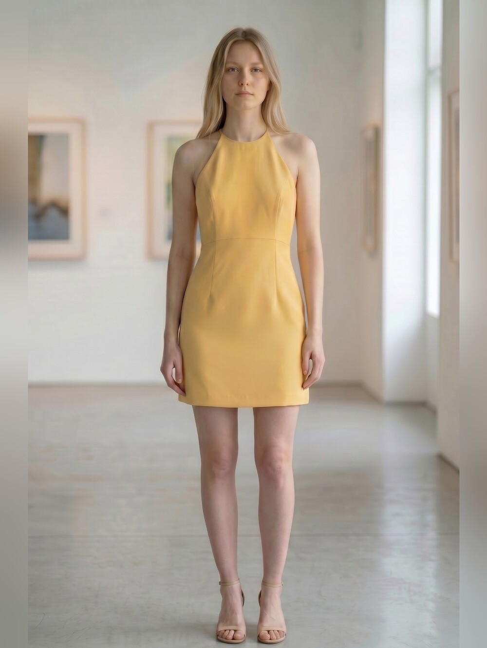 Cache Bright Yellow Halter Open-Back Mini Dress Size 12 Made in USA